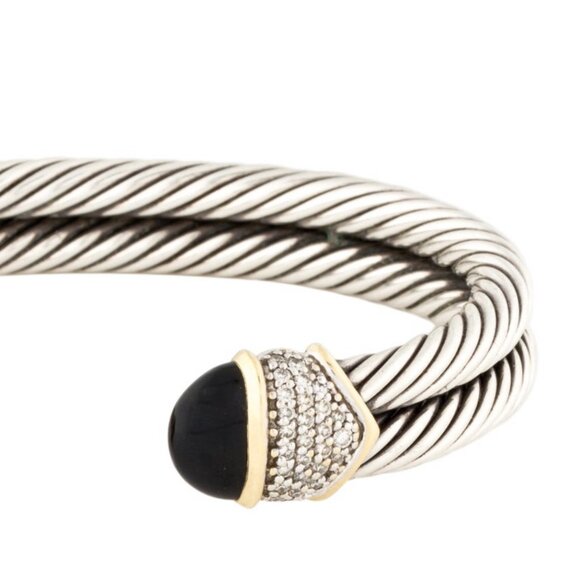DAVID YURMAN STERLING SILVER & 18K YG ONYX & DIAMOND CAPRI CUFF BRACELET - Picture 4 of 10